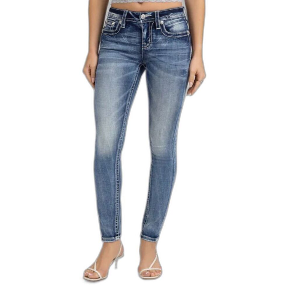 Miss Me Women's Blue Denim Faded Lower Rise Signature Skinny Jeans Size 28